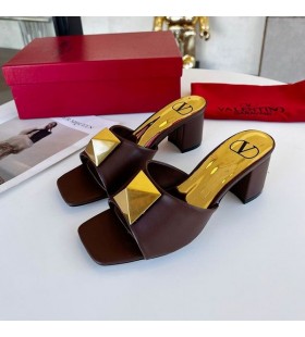 Valentino One Stud Thick-Heeled Slides Women Calfskin Coffee