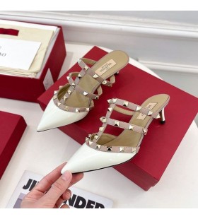 Valentino Rockstud Heeled Mules With Straps Women Patent Leather White