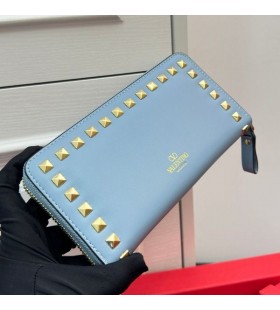 Valentino Large Rockstud Zippered Wallet In Calfskin Sky Blue