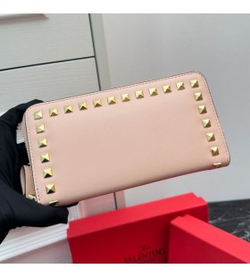 Valentino Large Rockstud Zippered Wallet In Calfskin Pink