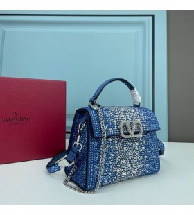 Valentino Mini Vsling Handbag With Sparkling Crystals In Calfskin Blue/White