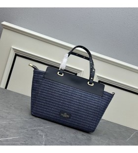 Valentino Small Rockstud Tote In Riffia Navy Blue