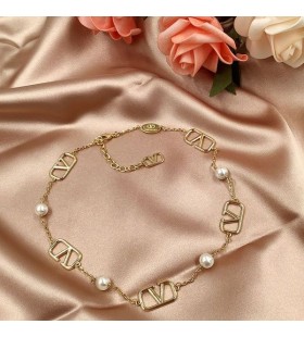 Valentino VLogo Signature Necklace In Metal With VLogos and Pearls Gold
