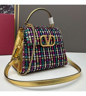 Valentino Small Vsling Handbag In Stripe Woven Calfskin Multicolor