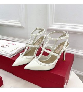 Valentino Rockstud Ankle Strap Pumps Women Patent Leather White