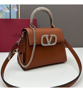 Valentino Small Vsling Handbag With Crocodile Leather and Jewel Embroidery In Calfskin Brown