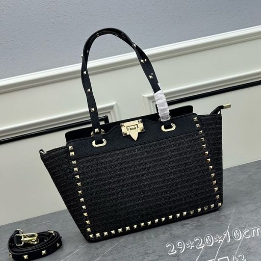 Valentino Pequeno Rockstud Bolsas Em Riffia Preto