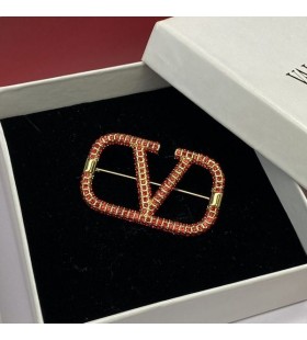 Valentino VLogo Assinatura Broche Em Metal Com Cristais De Ouro/Vermelho