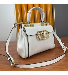 Valentino Medium Rockstud Handbag In Grainy Calfskin White