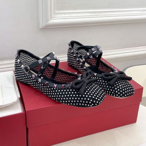 Valentino Rockstud Balerina Lakások Nők Háló, Kristályok, Megfelelő Szegecsekkel Fekete
