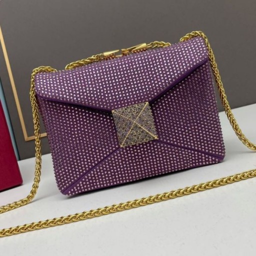 Valentino Beag Amháin Graí Crossbody Mála Le Slabhra agus Criostail Súilíneach I Suede Corcra