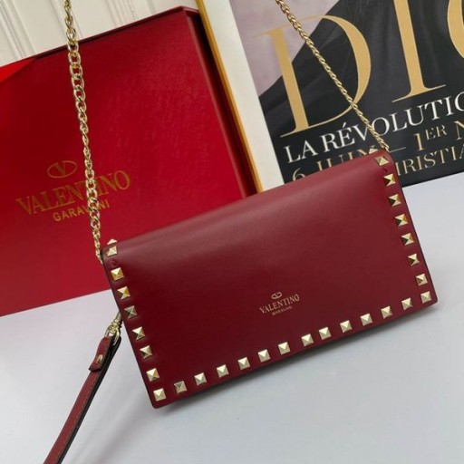 Valentino Small Rockstud Wristlet Clutch With Chain In Calfskin Burgundy