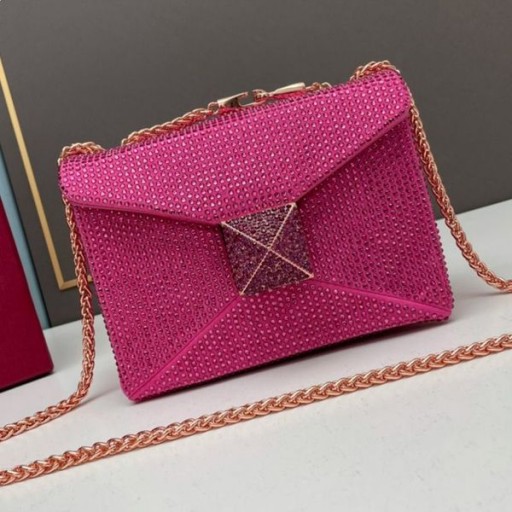 Valentino Piccolo Stud Borsa A tracolla Con Catena e Cristalli Scintillanti In Camoscio Rosa