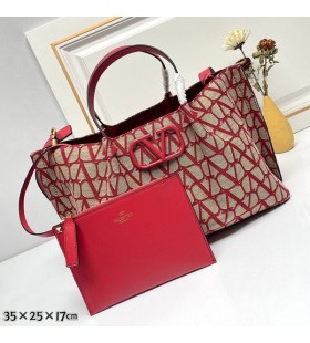 Valentino Medio VLogo Firma Shopping Bag Con Borchie In Toile Iconographe Tessuto Rosso