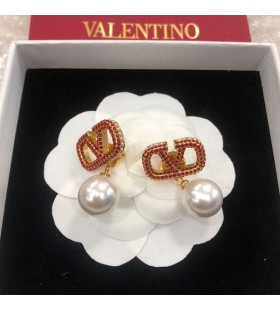 Valentino Mini VLogo Firma Orecchini pendenti In Metallo Con Cristalli e Perle Oro/Rosso