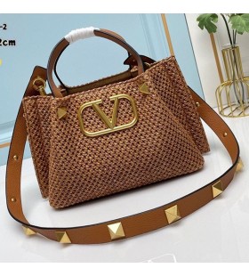 Valentino Small VLogo Signature Shopping Bag With Roman Studs In Synthetic Riffia Brown