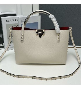 Valentino Små Rockstud Tote Med Interiør Posen I Kornet Kalveskinn Hvit