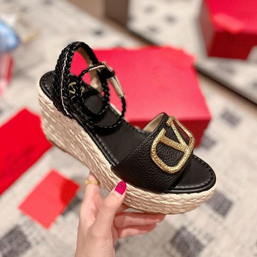 Markowe Buty Damskie Na koturnie Valentino VLogo Z paskiem Na kostce, Z Cielęcej skóry w kolorze Czarnym