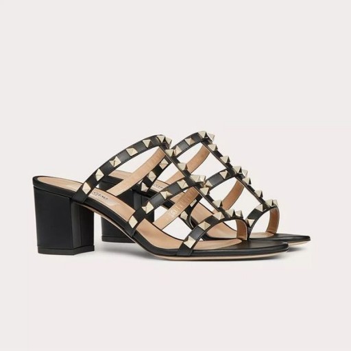 Damskie japonki Valentino Rockstud Na grubym obcasie Ze skóry cielęcej Czarny/złoty kolor