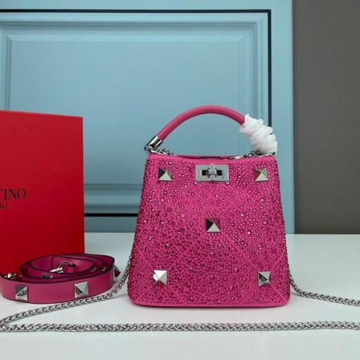 Valentino Mini Roman Geantă De Mână De Stud Cu Cristale Strălucitoare În Piele Nappa Rose