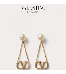 Valentino Mici VLogo Semnătura Lant Cercei Din Metal Cu Perle si Cristale de Aur