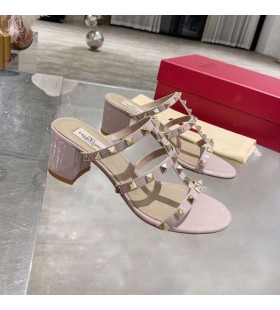 발렌티노 Rockstud 두꺼운 굽 슬라이드는 여자 가죽 회갈색