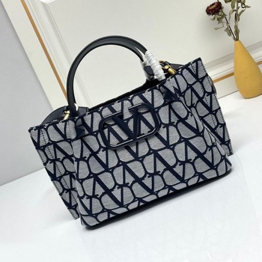 Firma Shopping bag Valentino Small VLogo Sa Zakovicama Od tkanine Toile Iconographe Tamno plave Boje