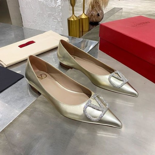 Valentino VLogo Signatur Ballerina Flats Med Kristaller Kvinnor Kalvskinn Guld