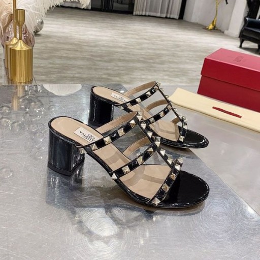 Valentino Rockstud Kalın Topuklu Slaytlar Kadın Rugan Siyah