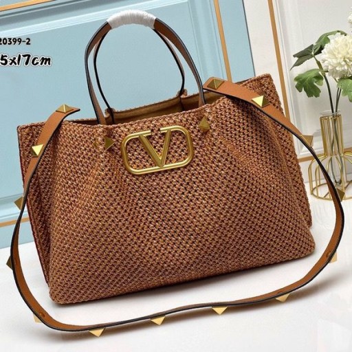 Sentetik Riffia Kahverengi Roma Çıtçıtlı Valentino Medium VLogo Markalı Alışveriş Çantası