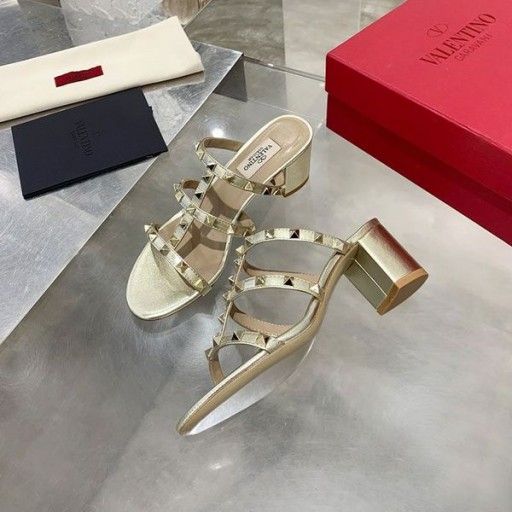 Valentino Rockstud Büyük Topuklu Slaytlar Kadın Dana Derisi Altın