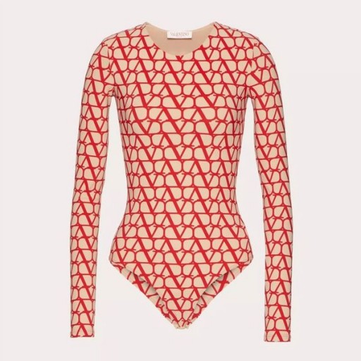 Valentino Bodysuit Kadın Toile Iconographe Likralı Bej / Kırmızı