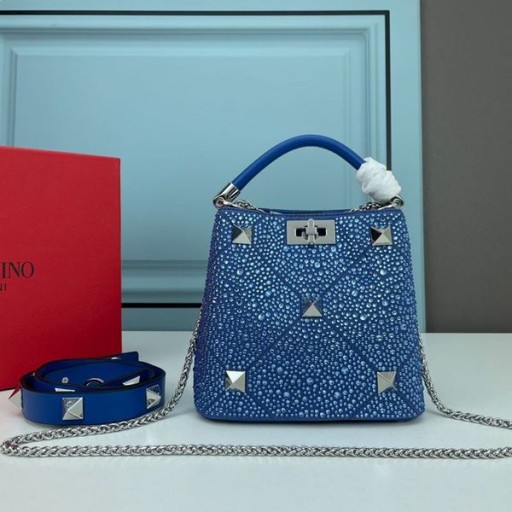 Nappa Deri Mavisi Işıltılı Kristallere Sahip Valentino Mini Roma Saplama Çanta
