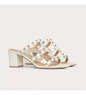 Valentino Rockstud Kalın Topuklu Slaytlar Kadın Dana Derisi Beyaz