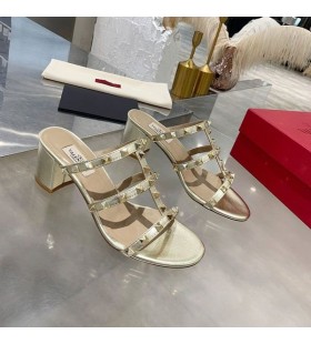 Valentino Rockstud Büyük Topuklu Slaytlar Kadın Dana Derisi Altın
