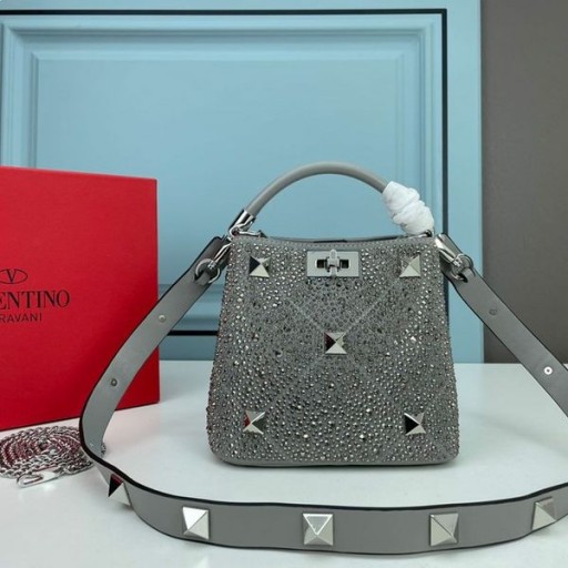 Valentino Mini Romana Stud Bolso De Mano Con Brillantes Postes De Madera Forrado En Napa Gris