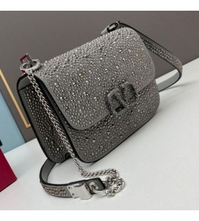 Valentino Pequeño Vsling Crossbody Bolsa Con Brillantes Tacos En Gamuza Gris
