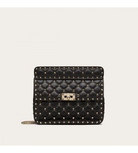 Valentino Medio Rockstud De La Espiga De La Cadena De Bolso En Piel De Cordero Negro/Oro