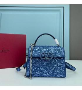 Valentino Mini Vsling Bolso De Mano Con Brillantes Cristales En Piel De Becerro Azul