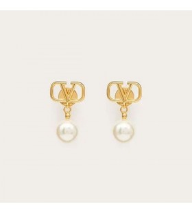 Valentino Mini VLogo Firma Colgante Pendientes En Metal Con Perlas De Oro