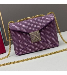 Valentino Pequeño Perno de Crossbody del Bolso Con Cadena y brillantes Cristales En Gamuza de color Púrpura