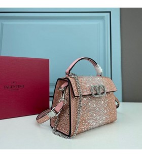 Valentino Mini Vsling Bolso De Mano Con Brillantes Cristales En Piel De Becerro De La Cereza/Plata