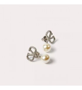 Valentino Mini VLogo Firma Colgante Pendientes En Metal Con Cristales y Perlas de Plata