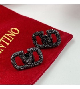 Valentino Mini VLogo Firma Aretes De Metal Con Cristales Negros