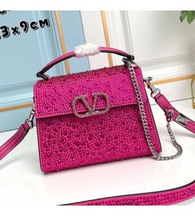 Valentino Mini Vsling Bolso De Mano Con Brillantes Cristales En Piel De Becerro Rosa/Plata