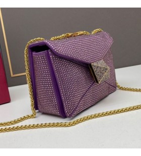 Valentino Pequeño Perno de Crossbody del Bolso Con Cadena y brillantes Cristales En Gamuza de color Púrpura