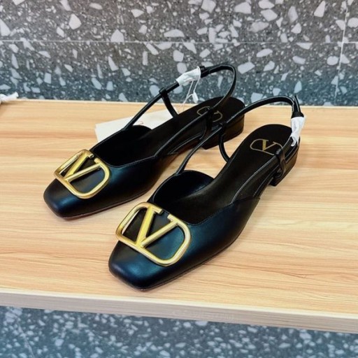 فالنتينو VLogo التوقيع Slingback في الشقق المرأة جلد العجل الأسود