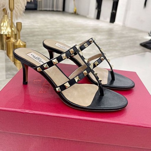 فالنتينو Rockstud شباشب بكعب الشرائح المرأة جلد العجل الأسود