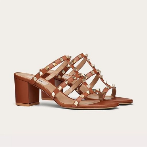 Valentino Rockstud Tyk-Heeled Dias Kvinder Kalveskind Brun