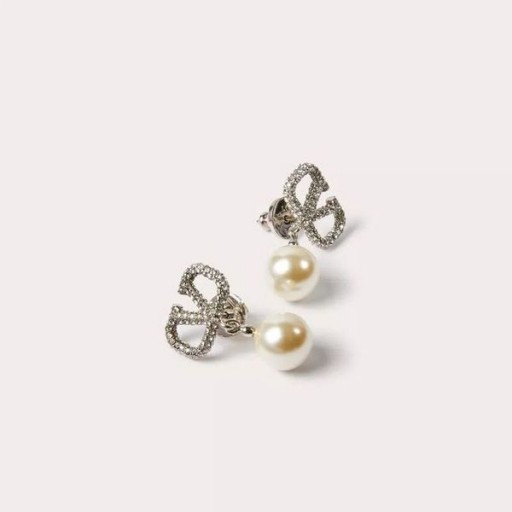 Valentino Mini VLogo Handtekening Hanger Oorbellen In Metalen Met Kristallen en Parels, Zilver